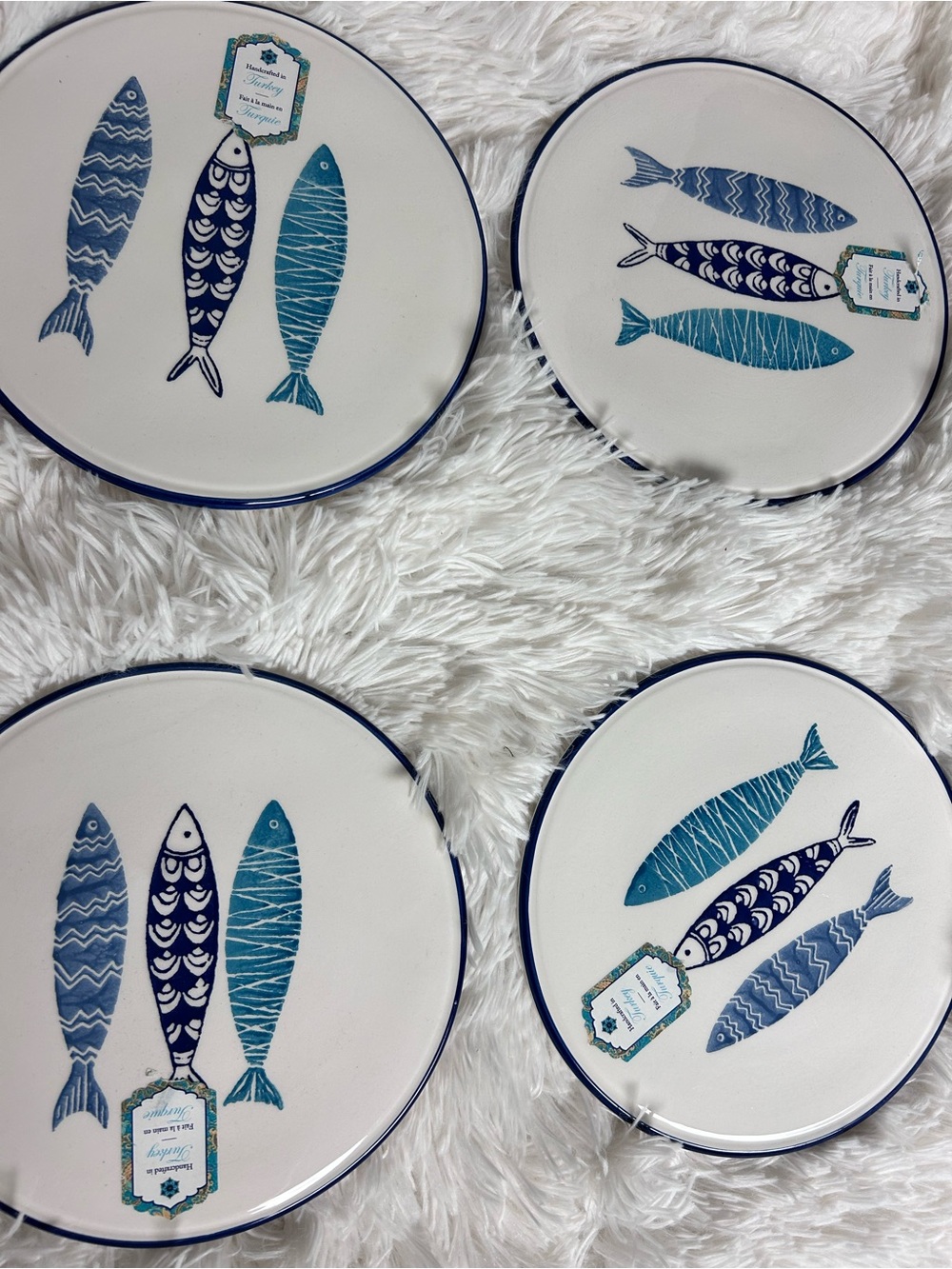 Papart Sermik Coastal Fish Ceramic Accent Plates - Blue & Teal Turkish set of 4
